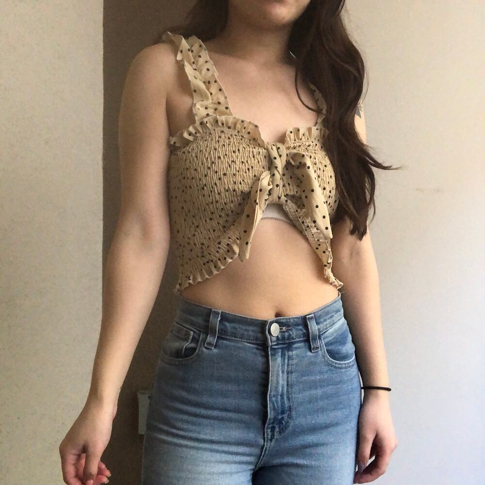 Shein polka dot beige ruffle smocked self tie crop sleeveless tank top blouse S